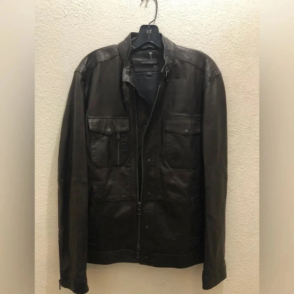 John Varvatos Men's Long Sleeve Steven Leather Shirt Jacket Snap Zip Front Black - Picture 9 of 11